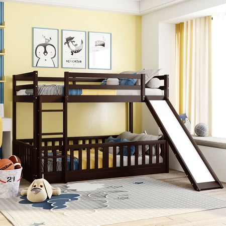 paproos Twin Over Twin Bunk Bed, Espresso Bunk Bed with Slide, No Box Spring Needed, Space Saving Design, Perfect for Dorm, Bedroom, Guest Room