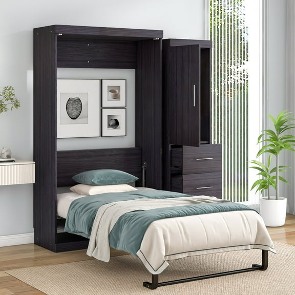 paproos Twin Size Murphy Bed with Wardrobe and Drawers, Storage Bed, Can be Folded into a Cabinet, Gray