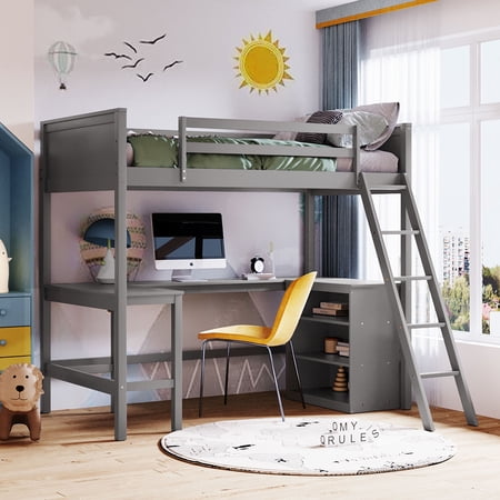 paproos Twin Size Wood Loft Bed, Gray Wood Loft Bed with Desk, No Box Spring Needed, Space Saving Design, Perfect for Dorm, Bedroom, Guest Room