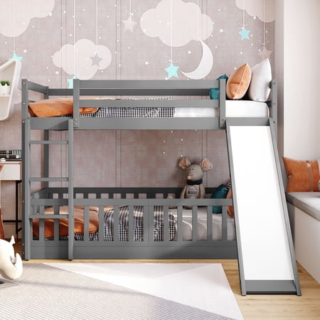 paproos Twin Over Twin Bunk Bed with Slide and Ladder, Heavy Duty Twin Over Twin Bunk Bed Frame with Full-Length Guardrails, Bunk Bed No Box Spring Needed (Gray)