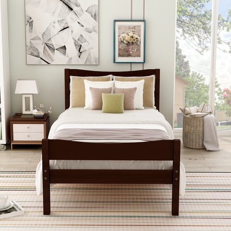 paproos Twin Wood Platform Bed, Twin Size Bed Frame with Headboard and Footboard, Solid Wood Foundation, Wood Slat Support, No Box Spring Needed, Easy Assembly, Espresso