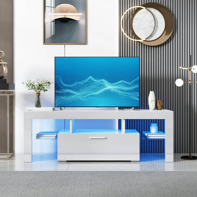 paproos White TV Stand for 55 Inch TV Modern High Glossy TV