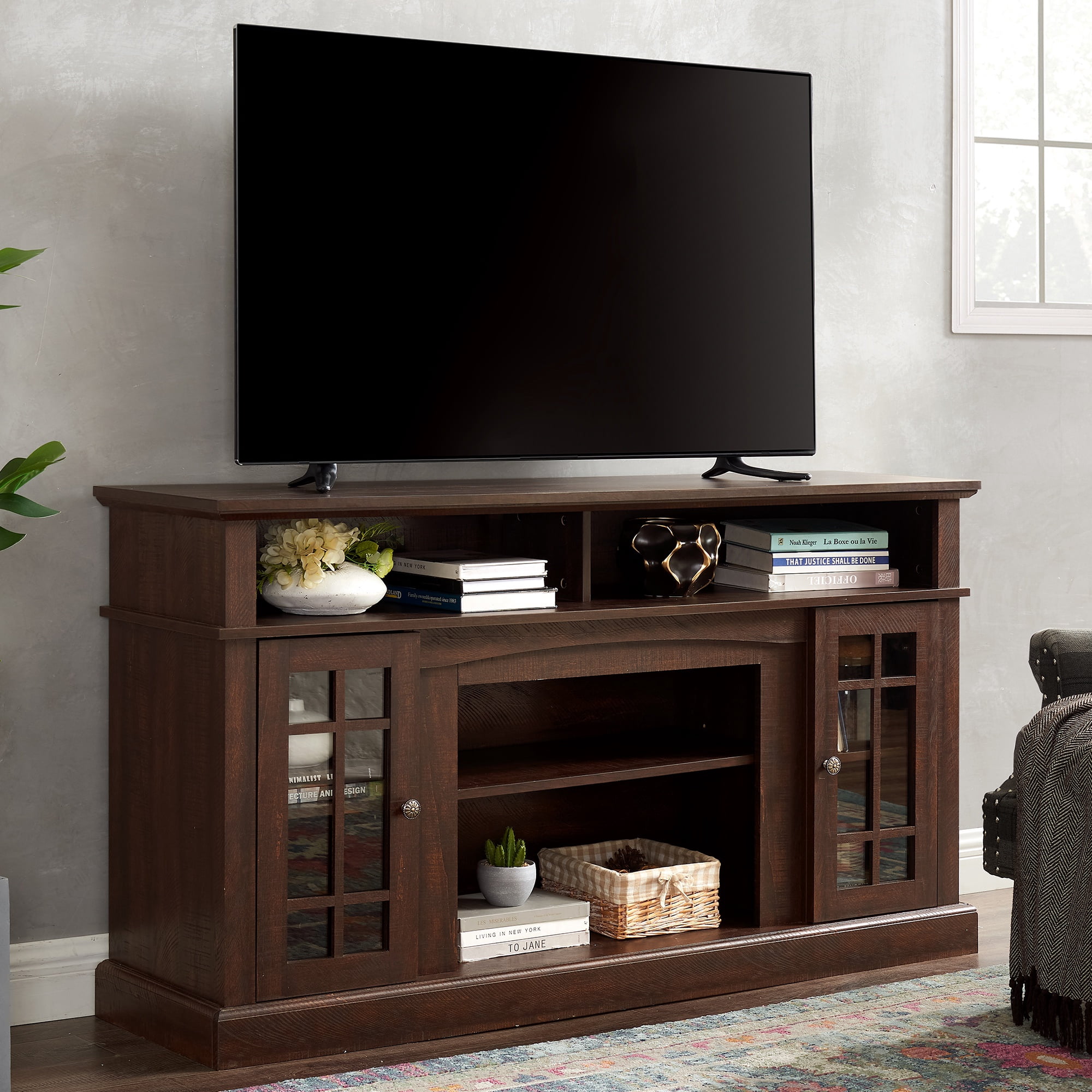 PAPROOS TV Stand for 65 Inch TV, Farmhouse Entertainment Center with 2 Doors & Adjustable Shelves, TV Console Table Media Console Cabinet for Living Room, Espresso