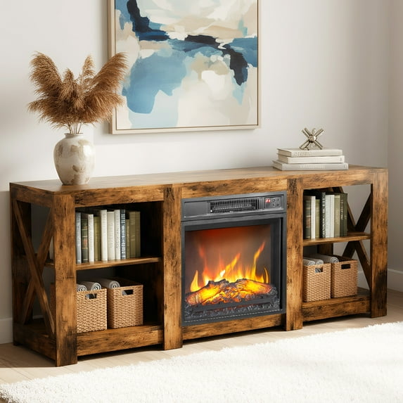 PAPROOS Fireplace TV Stand for 70 Inch TV, Farmhouse TV Stand with 18''Electric Fireplace, Entertainment Center with Adjustable Shelves, TV Console Media Console Table for Living Room, Weathered Wood
