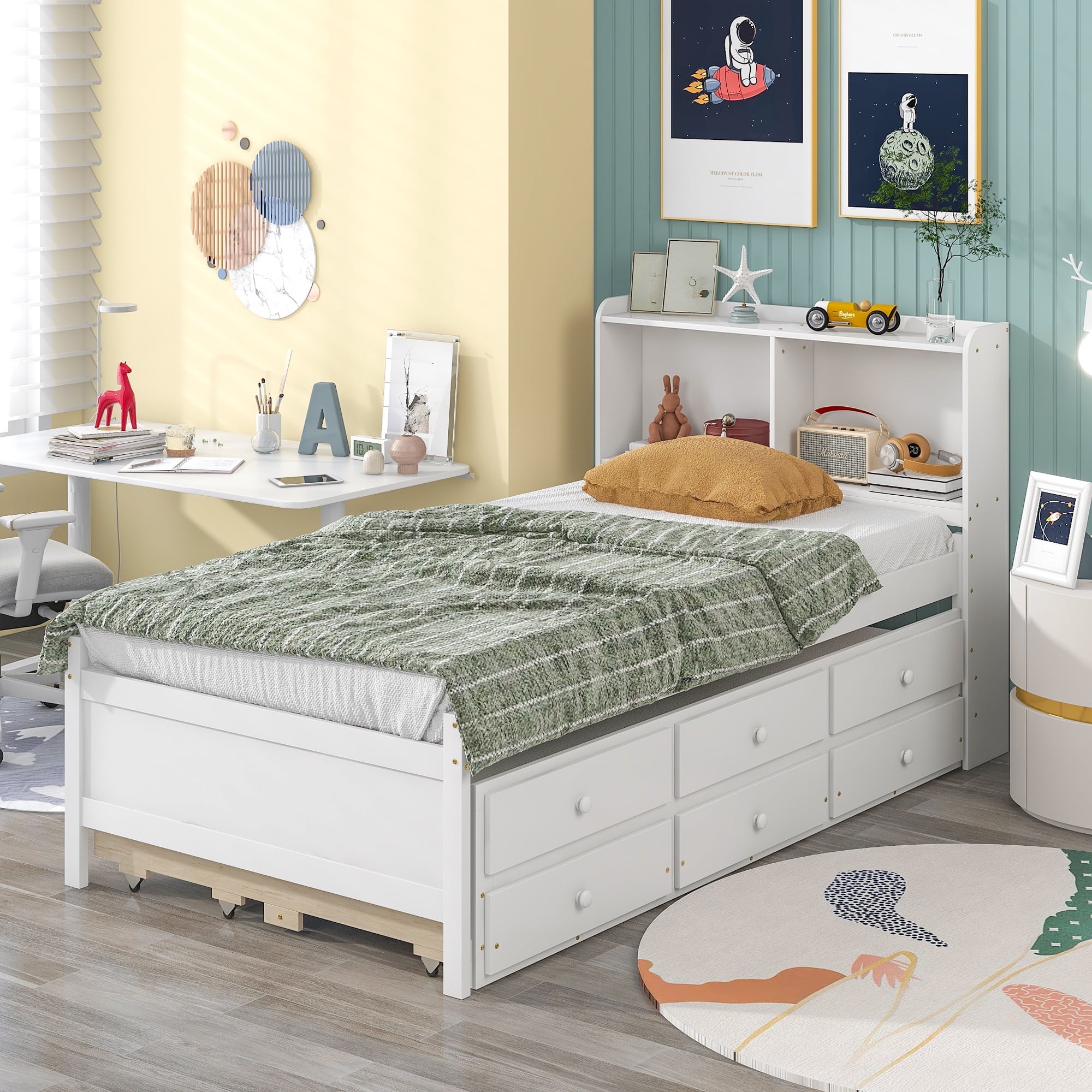 paproos White Twin Size Bed Frame with Trundle Included, Wood Platform