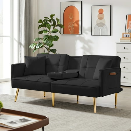 paprsso Convertible Velvet Futon Sofa Bed, Modern Loveseat Sleeper Sofa Couch with 3 Adjustable Positions and Two Pillows, Suitable for Living Room, Bedroom, Small Space (Black)