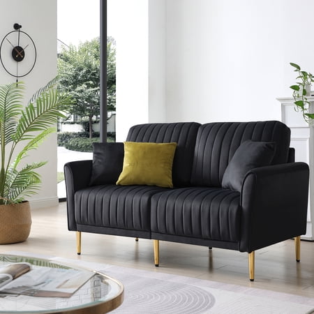 paprsso Upholstered Sofas with 2 Pillows, Modern Design Couch, Straight Arms, Soft Fabric Upholstery, 47.3" Sofa, Suitable for Living Room, Bedroom, Small Space (Black)