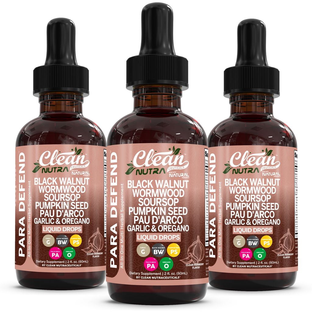Para Defend Wormwood Black Walnut Cleanse Drops 3 Pack - Soursop, Garlic, Pumpkin Seed, Pau D'Arco, Oil of Oregano by Clean Nutra