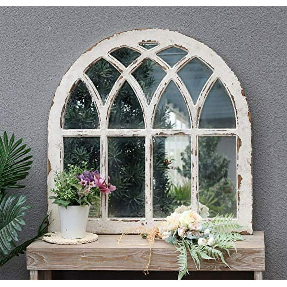 parisloftinc Distressed White Cathedral Wood Wall Mirror