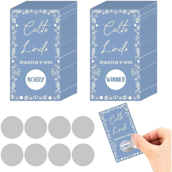 partiqla 50Pcs Cielito Lindo Baby Shower Scratch off Cards Dusty Blue, Cielito Lindo Baby Shower Game for Mexican Themed Baby Showers Birthday Wedding Party Games Activity Supplies