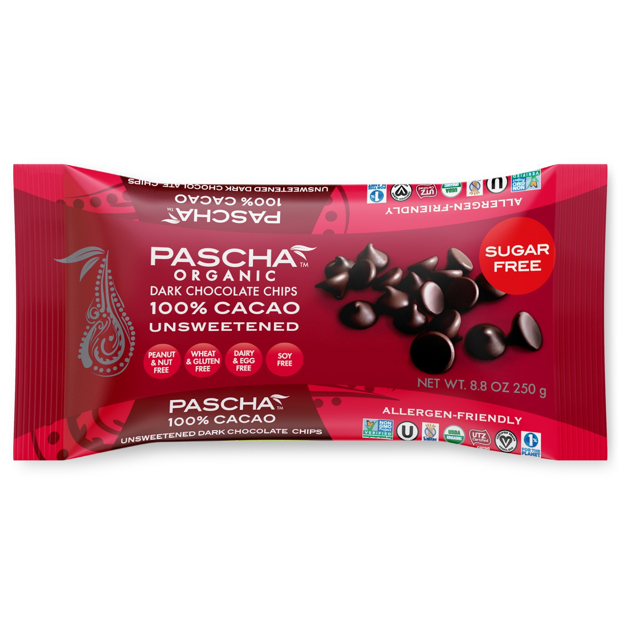 pascha organic dark chocolate baking chips - 100% cacao, unsweetened - 8.75 ounces