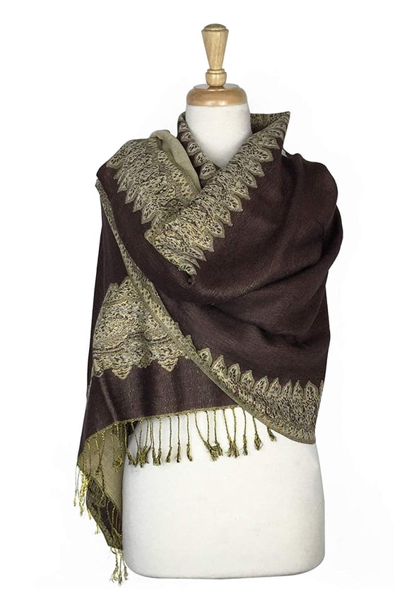 paskmlna border pattern double layered reversible woven pashmina shawl scarf wrap stole (#15),large
