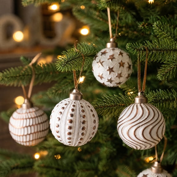 pathside 12pcs White Christmas Baubles, Painted Tree Ornaments with Rope, Shatterproof Hanging Decor for Xmas Tree