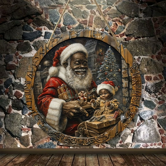 pathside 2 Pcs Black Santa Christmas Decorations, Black Face Santa Wooden Christmas Tree Ornaments, Claus Farmhouse Christmas Ornament Xmas Round Decorative Hanging Ornaments, 11.8in Diameter