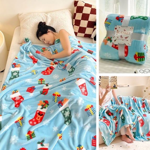 pathside 39 x 27.5 Inches Christmas Blankets Christmas Throw Blanket Soft Flannel Christmas Blanket Warm Plush Holiday Decorative Throw for Christmas Sofa Bed Home Gift Decor (Blue, Stockings)