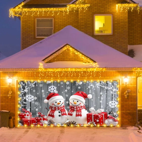 pathside 6.7x5 FT Christmas Garage Door Cover Banner Backdrop Decorations, White Snow Winter Snowman Snowflake Gift Christmas Backdrop Decor for Winter New Year Xmas Party