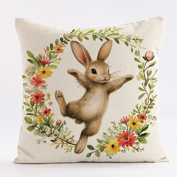 pathside Bunny Easter Pillow Covers 18x18 Easter Pillow Cushion Cover Easter Eggs Rabbits Printed Linen Peach Fleece Pillow Cover for Home Farmhous