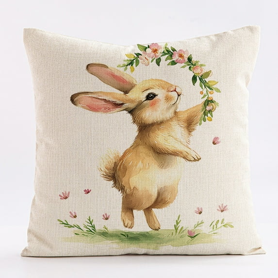 pathside Bunny Easter Pillow Covers 18x18 Easter Pillow Cushion Cover Easter Eggs Rabbits Printed Linen Peach Fleece Pillow Cover for Home Farmhous