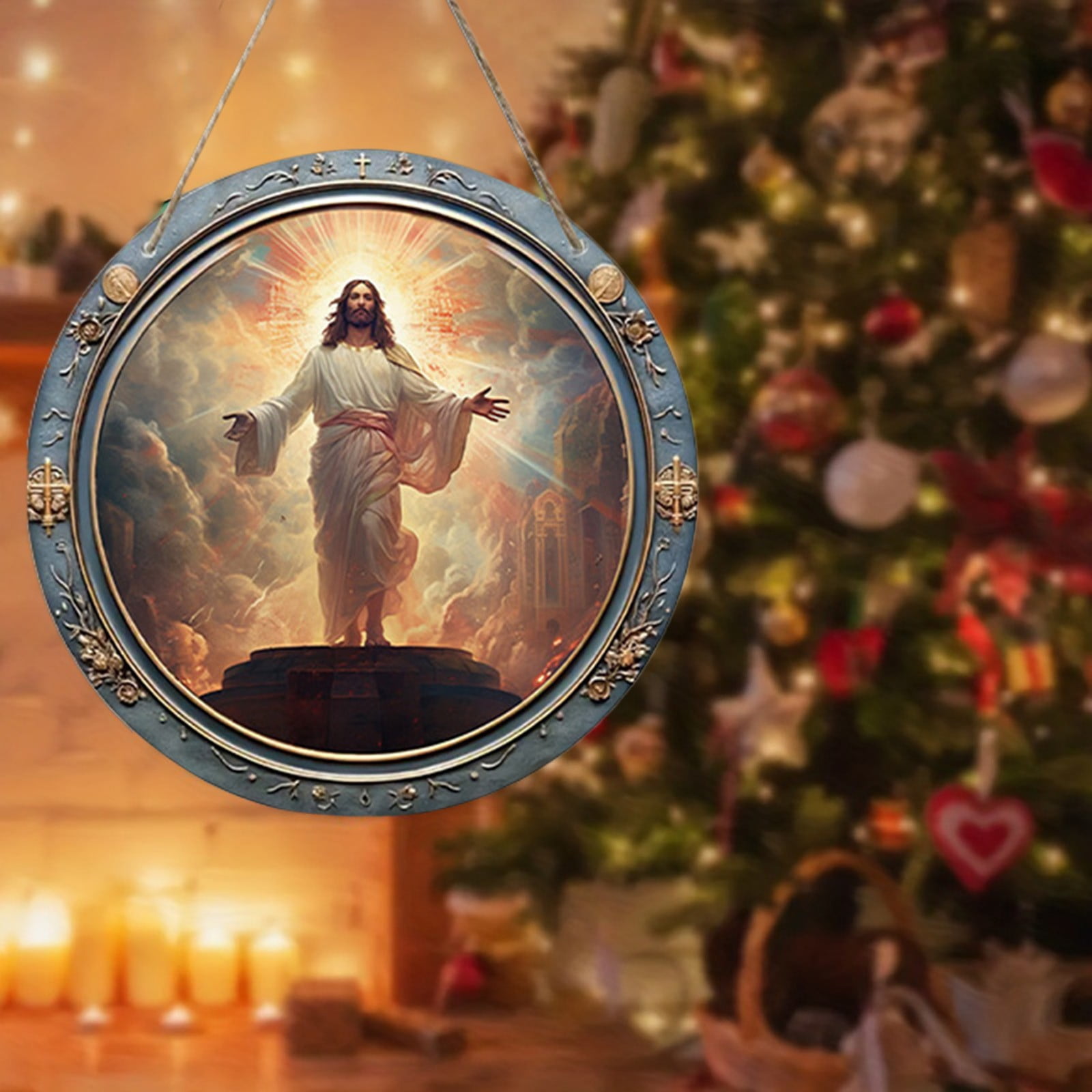 pathside Christmas Nativity Scene Ornaments, Jesus Coming at Sunset Christ Christmas Decorations, Wooden Pendant Effect Jesu Christmas Pendant for Christmas Decor Religious Present for Family