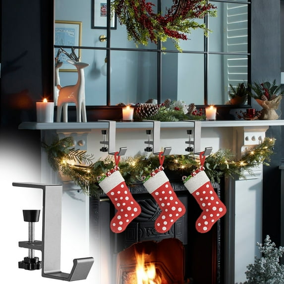 pathside Christmas Stocking Holder for Mantle Fireplace, Upgrade Non-Slip Fireplace Stocking Hooks for Shelves, Hanging Decorations Hooks for Xmas Decoration Party Decor, Gray