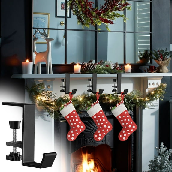 pathside Christmas Stocking Holder for Mantle Fireplace, Upgrade Non-Slip Fireplace Stocking Hooks for Shelves, Hanging Decorations Hooks for Xmas Decoration Party Decor, Black