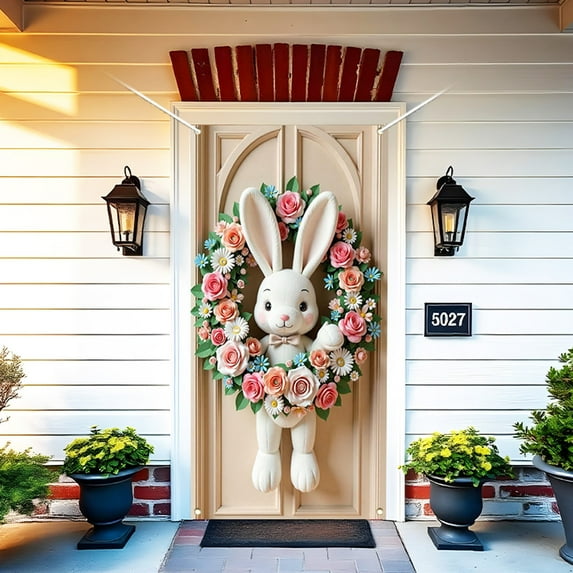 pathside Easter Door Cover Decorations Easter Bunny Banner Funny Flowers Hanging Easter Door Cover Room Wall Holiday Decoration Background Banner Spring Theme Bunny Door Backdrop, 35.4x71in (C)