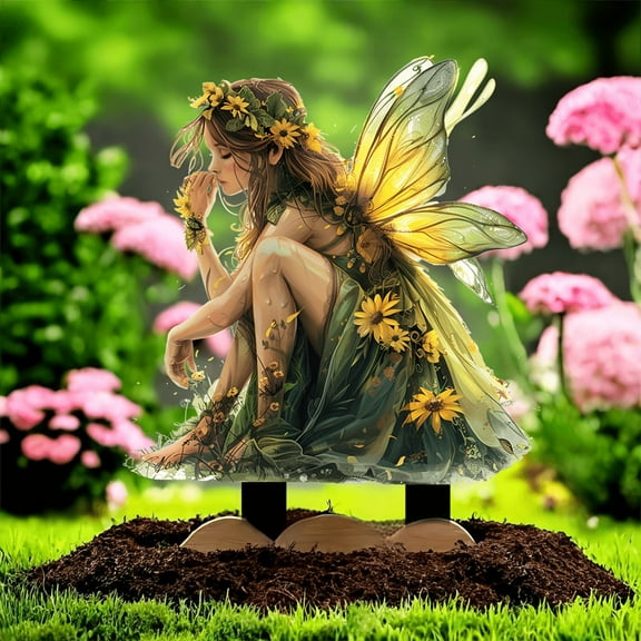 pathside Garden Flower Fairy with Wings Statue Decor, Solar Outdoor Fairy Statues, Acrylic Fairy Tale Garden Statue with Wooden Stake for Outside Patio Lawn Yard Ornaments, Tall 11.8 In