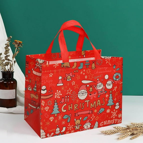 pathside Large Christmas Tote Bags with Handles, 13" x 15" Reusable Christmas Gift Bags, Multifunctional Non-Woven Gift Wrapping Grocery Shopping Bags for Xmas's Party Supply, Christmas Decorations