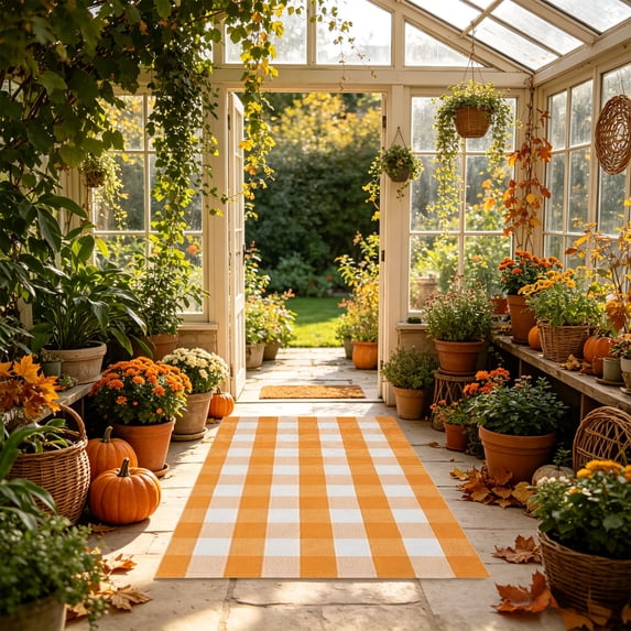 pathside Living Room Rugs Area Rug for Living Room Thanksgiving Plaid Doormat Non-Slip Washable Front Door Mat Fall Orange