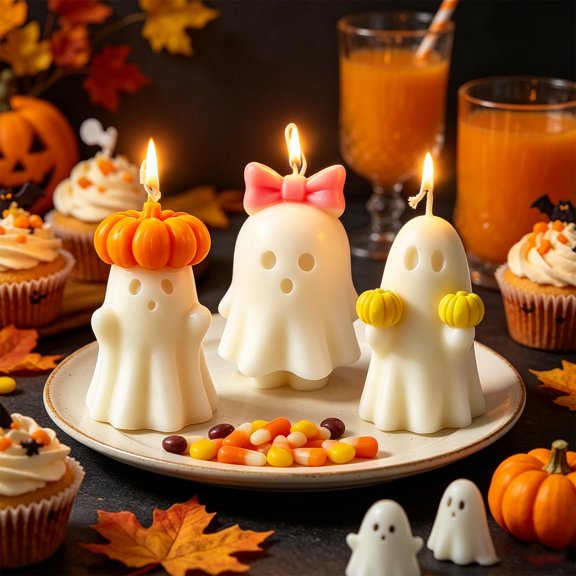 pathside Mini Ghost Face Soy Wax Candle with Warm Light, Halloween Tabletop Scented Decor, Spooky Fall Home Aromatherapy