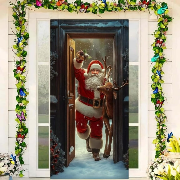 pathside Santa Claus Christmas Door Cover for Front Door, 35.4 x 78 In Christmas Elk Deer Funny Santa Photography Background Hanging Wall Festival Winter Holiday Decoration Xmas Santa Door Decor