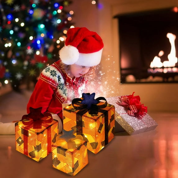 pathside Set of 3 Lighted Gift Boxes Christmas Decorations Outdoor, LED Christmas Box Decorations with Remote Control for Christmas Ornament Yard Xmas Tree Home Party Decor (Not Include Battery)