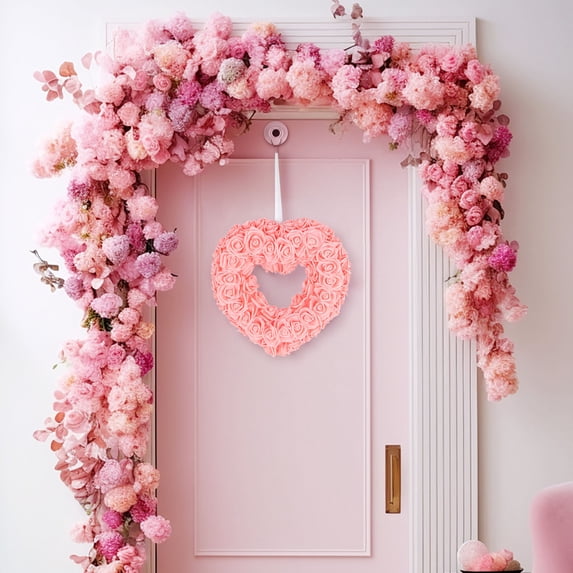 pathside Valentine's Day Wreath Heart Shaped Wreath Rose Wreath, Heart Shaped Garland Wreath Front Door Decoration Love Wreath for Valentine's Day Wedding Party Decorations (Orange-Pink)