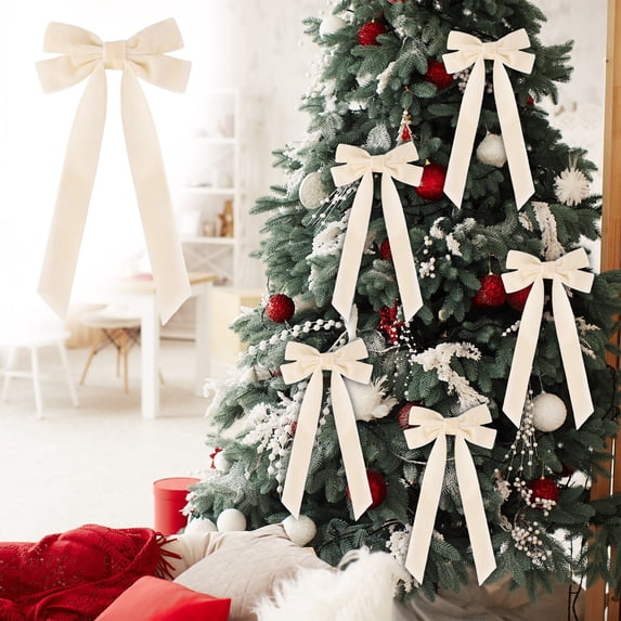 pathside Velvet Bows for Christmas Tree, Small Cute Velvet Christmas Bow, Vintage Velvet Ribbon Bows for Christmas Tree Bows Xmas Home Outdoor Indoor Decoration (Cream-Coloured)