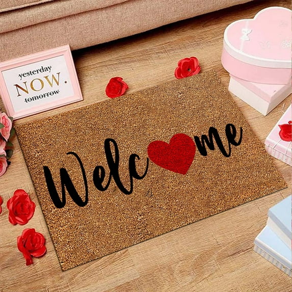 pathside Welcome Love Heart Valentine's Day Doormat, Valentine'S Day Welcome-Door-Mat Outdoor-Entrance, Non-Slip Home Decor Doormat Outdoor Welcome Mat, 15.7 x23.6in