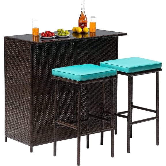 FDW Outdoor Furniture Set Wicker Bistro Set 3PCS Patio Bar Set with Two Stools for Patio Backyard Balcony,Blue Cushion