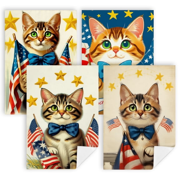 patriotic dish towels A cat with green eyes holding an American flag kitchen towles 4 Piece Set 16x24" 4 of july decorations