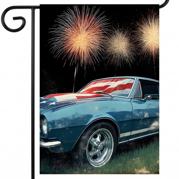 patriotic garden flag A blue car with an American flag on the hood and fireworks in the background. - bicentennial flag Standard 28x40" House Flag american flag outdoor decor