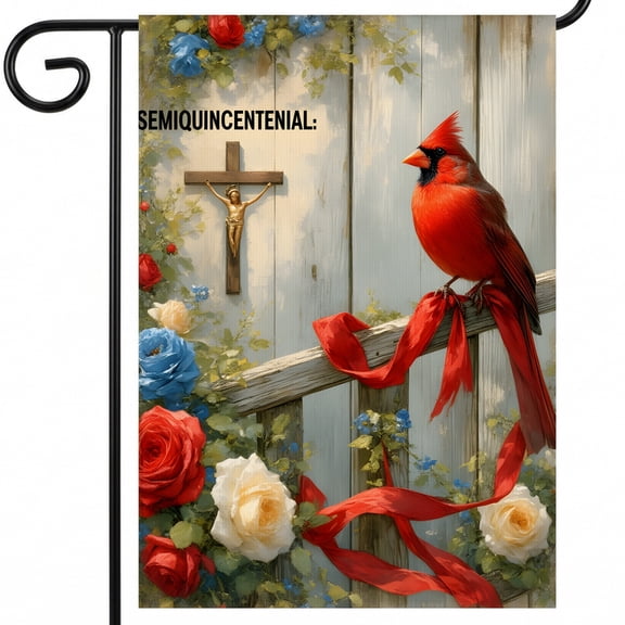 patriotic garden flags A red bird sitting on top of a wooden fence. SEMIQUINCENTENIAL: america 250 Large Scale 28x40 Inch american outdoor decor