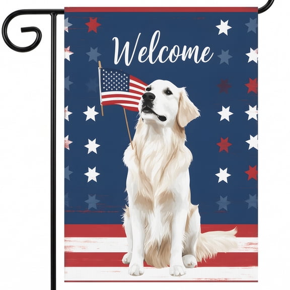 patriotic garden flags A golden retriever holding an American flag on a patriotic background. Welcome bicentennial flag 28x40 Inch Vertical Banner porch decor