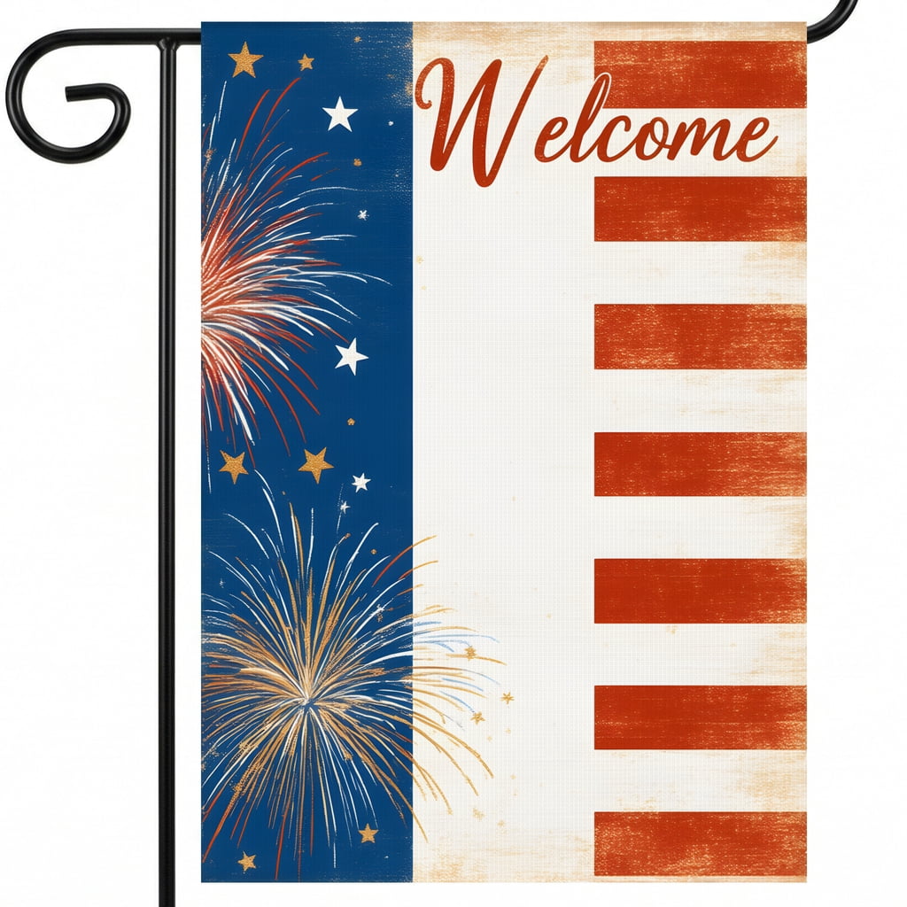 patriotic garden flags A welcome sign with fireworks in the background ...
