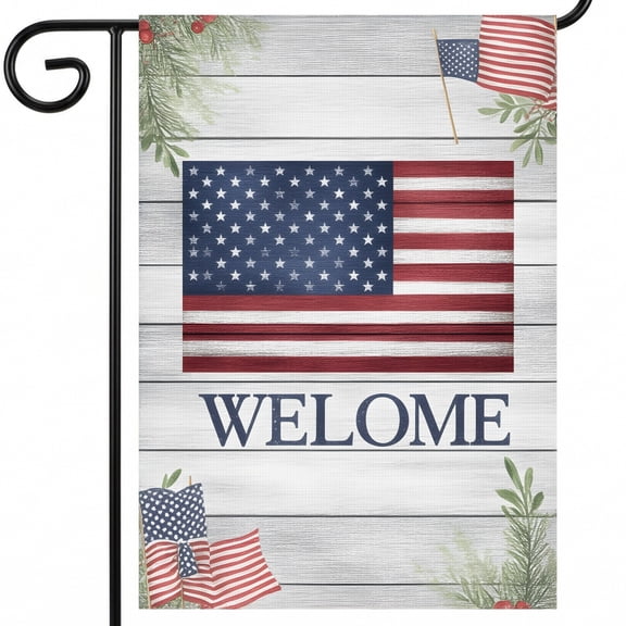 patriotic house flags 28 x 40 double sided A welcome sign with an American flag on a wooden background. WELOME july 4 Full Size 28x40" Flag outdoor and garden