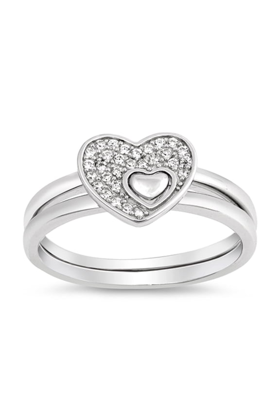 pave Set Clear Cubic Zirconia Double Puzzle Heart Ring Sterling Silver Size 9