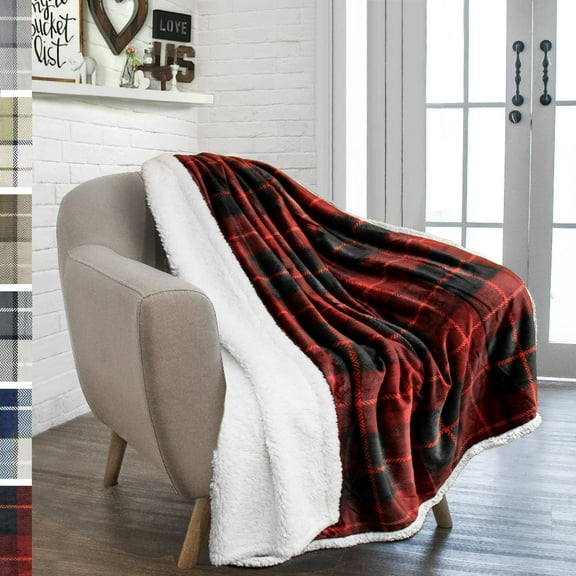 pavilia premium sherpa throw blanket for couch sofa | soft micro plush reversible throw | lightweight all season plaid design fleece blanket (50 x 60 inches red)