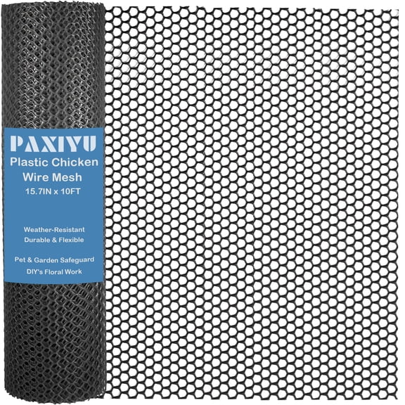 paxiyu 15.7IN x 10FT Black Plastic Chicken Wire Mesh Roll - Durable Plastic Mesh Fence for Poultry, Dogs, Rabbits, Garden & Snake Barrier - Easy to Cut & Install with 14 Zip Ties C99