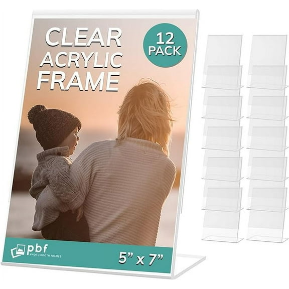 pbf 5x7 Acrylic Sign Holder | 5 x 7 Vertical Stand Up Slanted Sign Holder | Acrylic Stands for Display | Clear Picture Frame, Menu Table Top Stand, Plastic Flyer Holder (12-Pack)