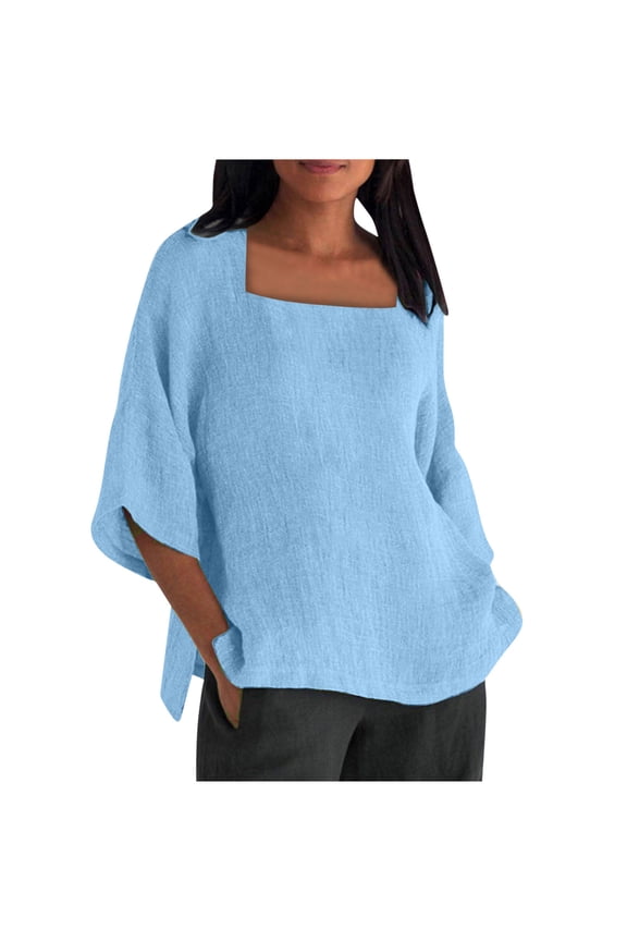 3/4 Sleeve Cotton Linen Shirts for Women Casual Solid Color Square Neck Blouses Loose Fit Summer T-Shirts Top