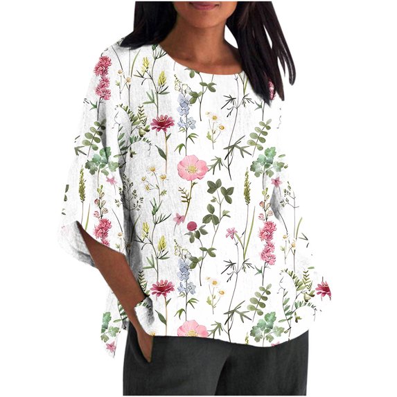 pbnbp 3/4 Sleeve Cotton Linen Shirts for Women Fashion Floral Trendy 2023 Crewneck Blouses Loose Fit Summer T-Shirts Top