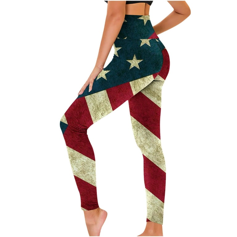 pbnbp 4th of July Leggings for Women Summer High Waist Elastic US Flag  Straight Yoga Pants 