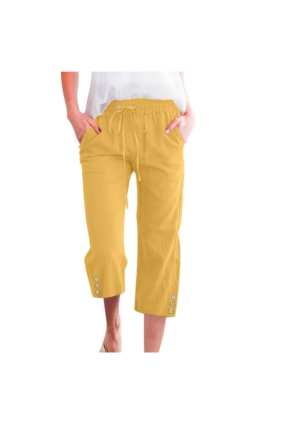 Capirs for Women Casual Summer Cotton Linen Capri Pants for Women Solid Pockets Drawstring Plus Size Capris with Pockets